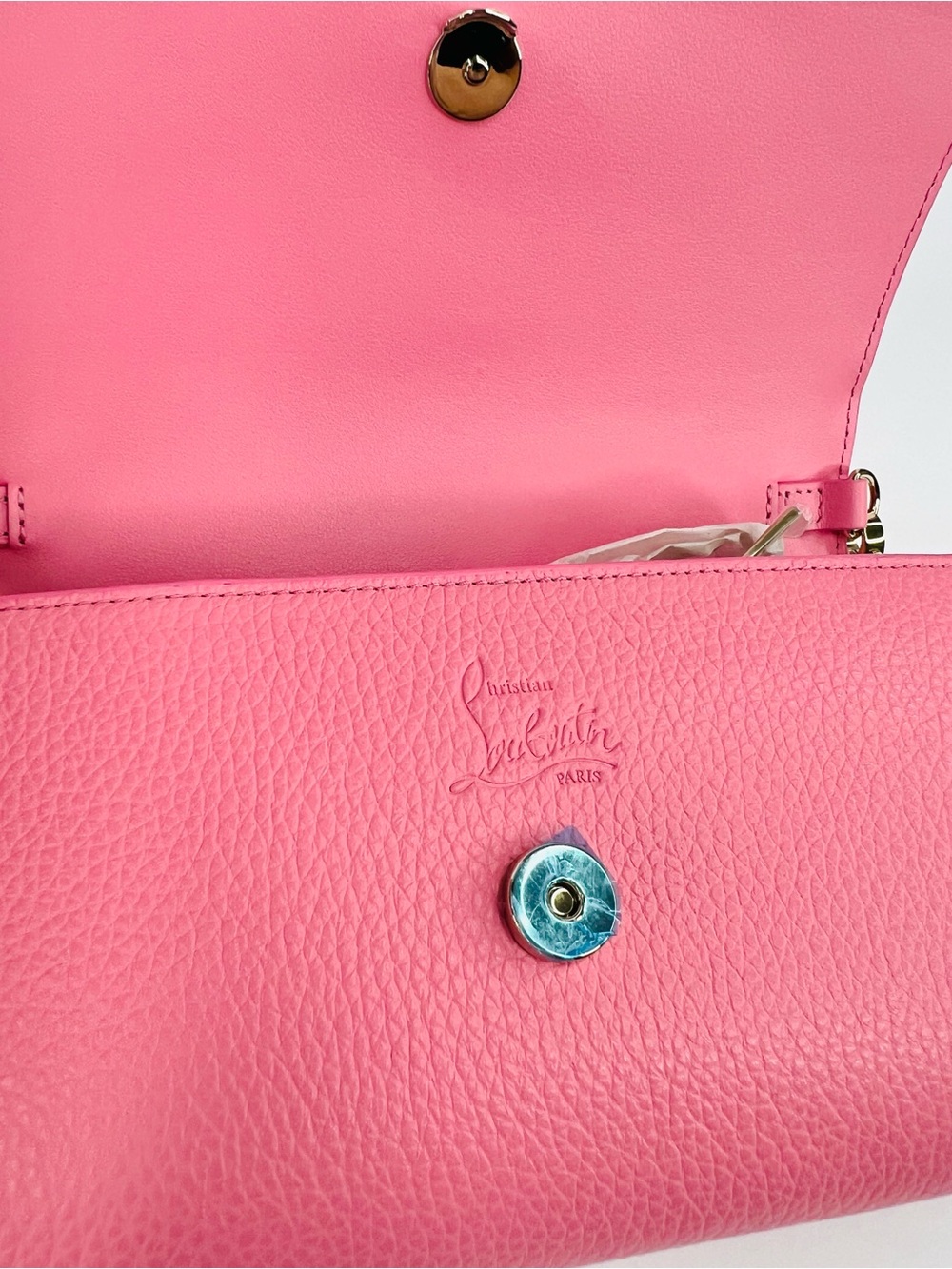 CHRISTIAN LOUBOUTIN By My Side Calipso Pink Calf Leather Logo Wallet Gold Chain - Picture 13 of 16